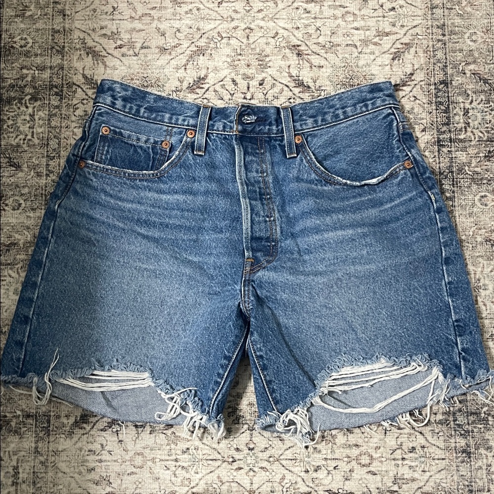 Levi's Blue Frayed Hem Mid Thigh Jean Shorts